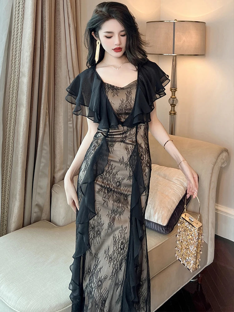 Black Lace Overlay Gown With Ruffled Sleeves