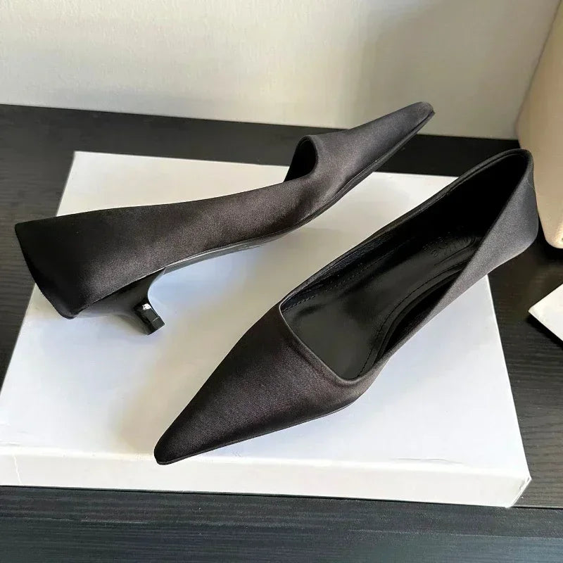 Black Satin Pointed Toe Kitten Heel Shoes