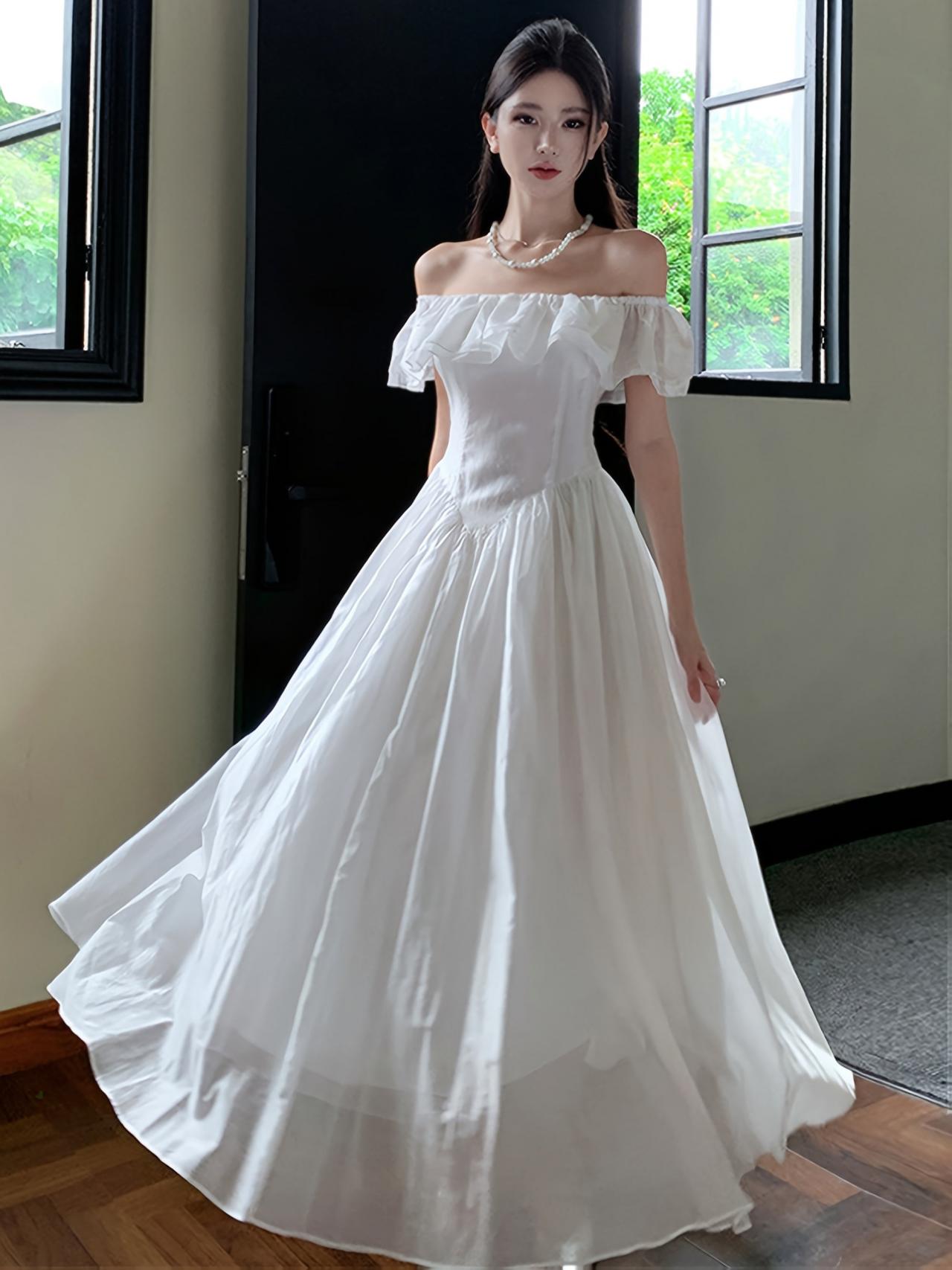 Elegant French-inspired Adjustable Off-shoulder/one-shoulder A-line Dress  With Ruffled Hem - Slimmin on Luulla