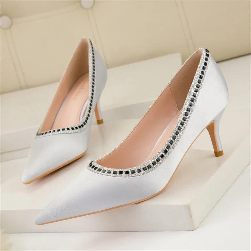 Fashion Crystal Slip-on Women Pumps Soft Silk Pointed Toe Lady Shallow Bridal Shoes Gold Silver Dress High Heels Female Footwear