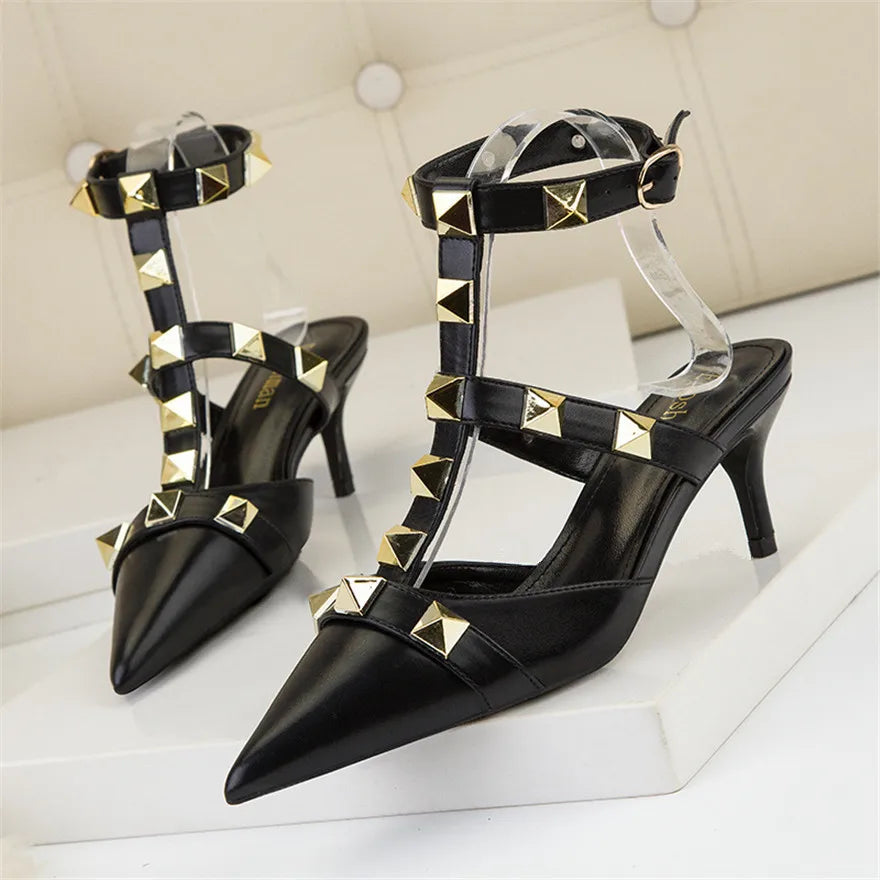 Black Studded Strappy Heels With Pointed on Luulla