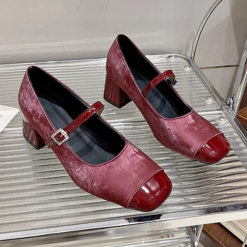 Velvet Block Heel Mary Jane Shoes Burgundy