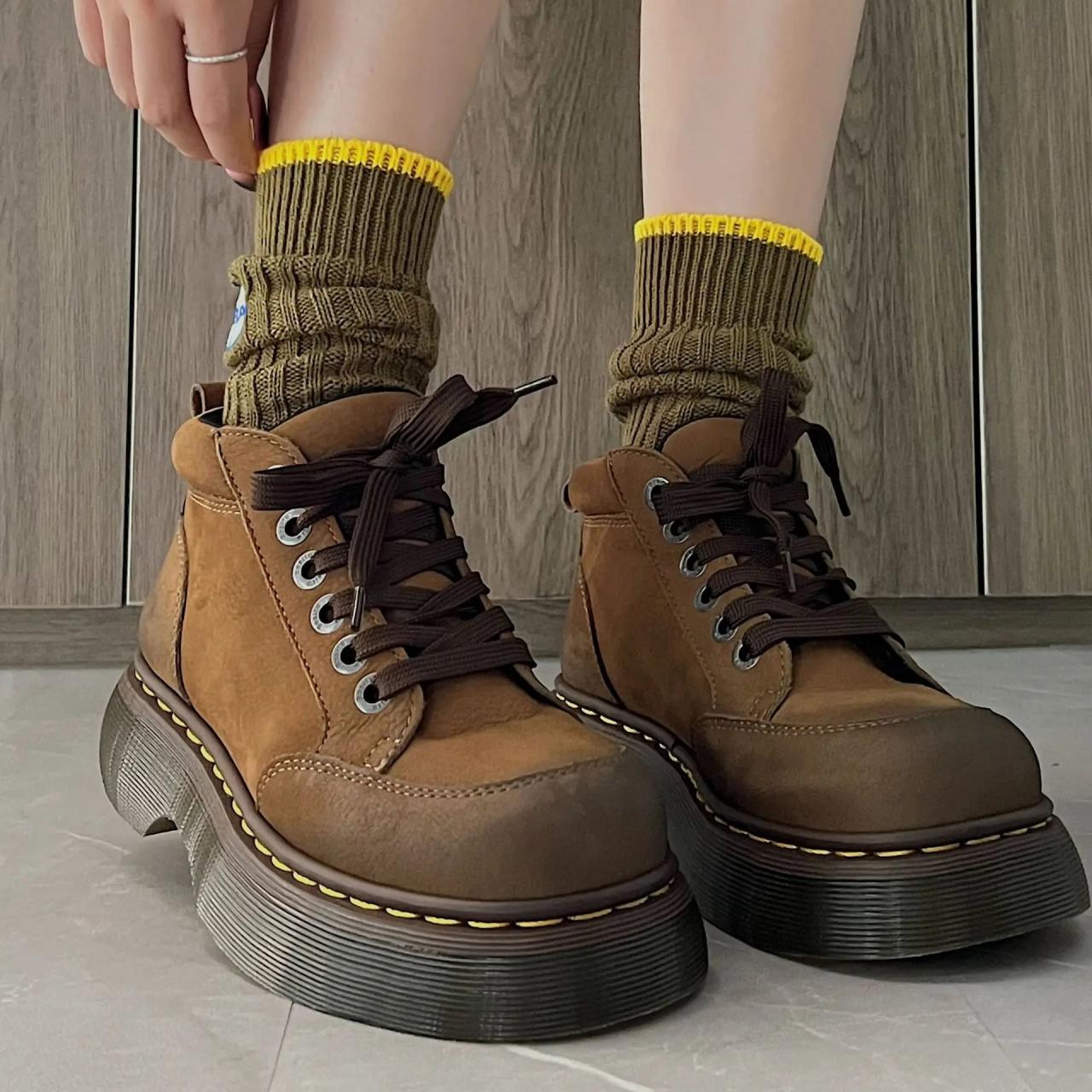 Brown Ankle-High‎ Lace-Up Boots with Rugged Sole High quality brown leather ankle boots with lace up design  main image 2